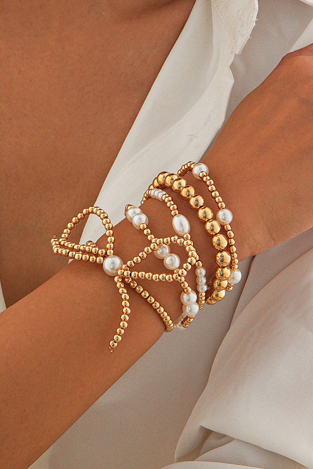 LDC Bow Knot Pearl Beaded Multi Layered Bracelet Set