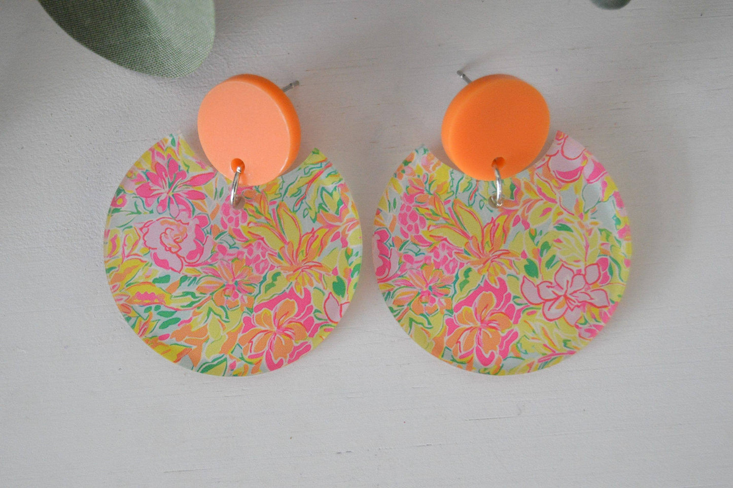 Preppy Earrings, Colorful Notched Circle Earrings, Floral