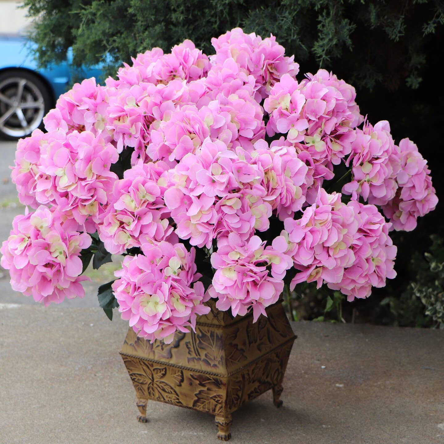 UV Pink Hydrangea Bush with 7 Silk Flowers & Foliage