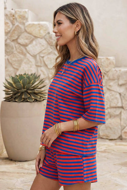 LDC Stripe Dropped Shoulder Tee Loose 2pcs Short Set