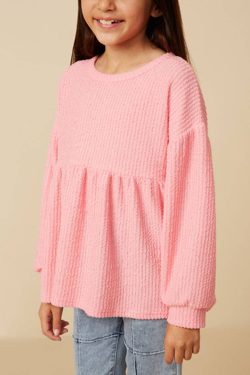 Girls Textured Crushed Rib Puff Sleeve Peplum Knit Top