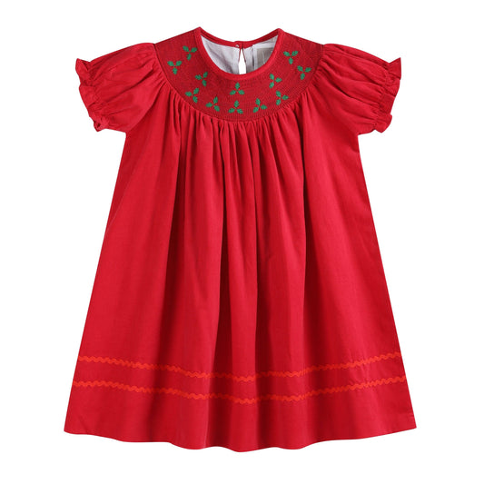 Red Corduroy Mistletoe Smocked Bishop Dress
