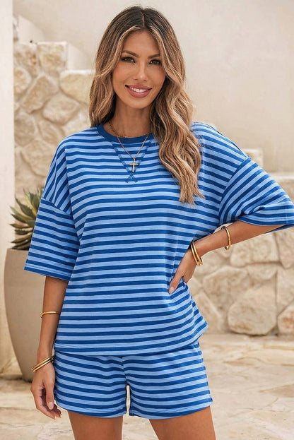 LDC Stripe Dropped Shoulder Tee Loose 2pcs Short Set