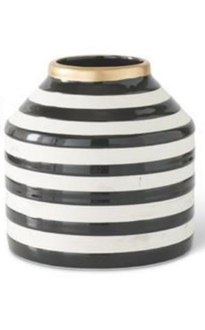 Black and white striped ceramic vase w gold