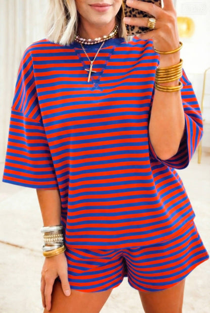 LDC Stripe Dropped Shoulder Tee Loose 2pcs Short Set