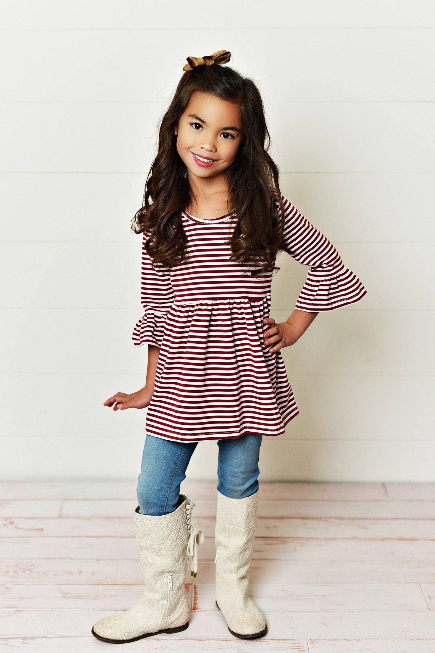 Kids Fall Winter Maroon Stripe Ruffle Sleeve Shirt Blouse