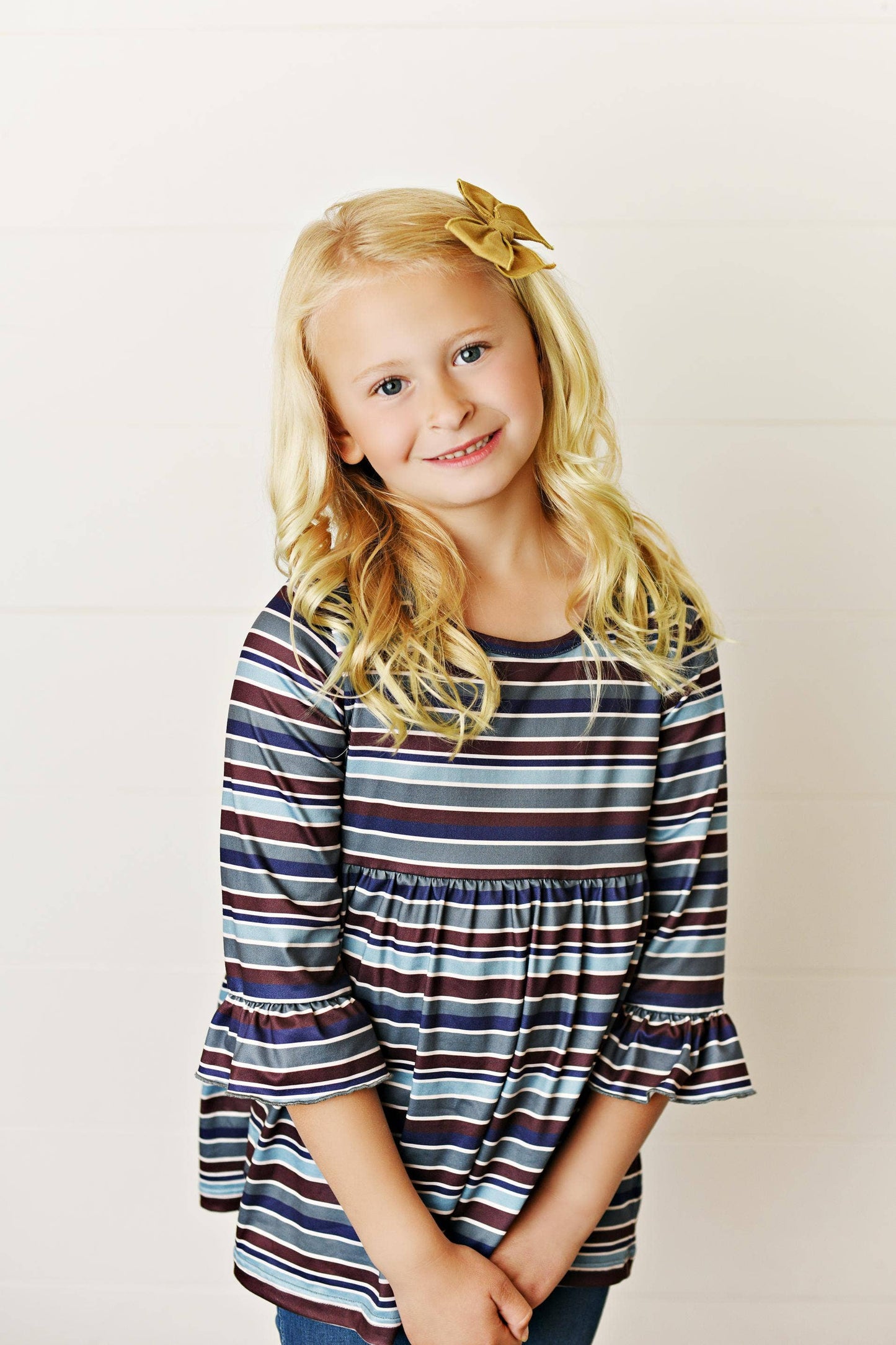 Kids Fall Winter Navy Blue Stripe Ruffle Shirt Top Blouse