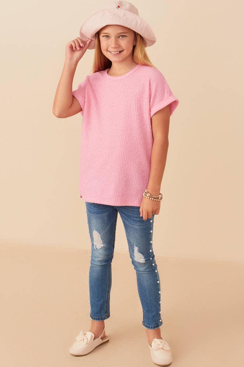 Girls Textured Rib Knit Roll Sleeve T Shirt
