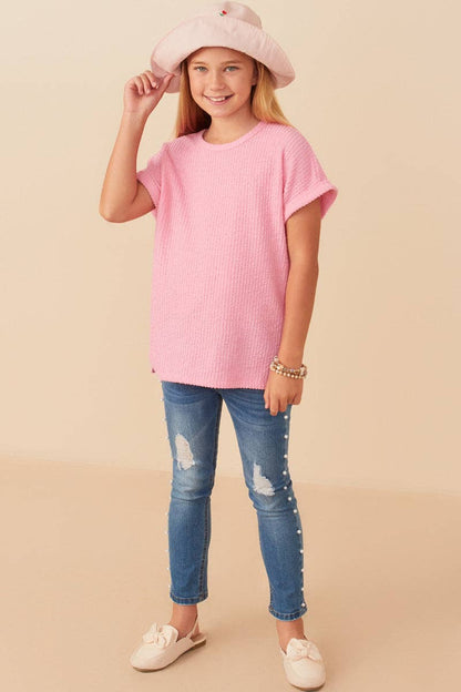 Girls Textured Rib Knit Roll Sleeve T Shirt
