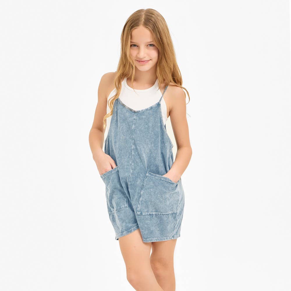 Two Pocket Mineral Wash Overall Romper / Onesieu