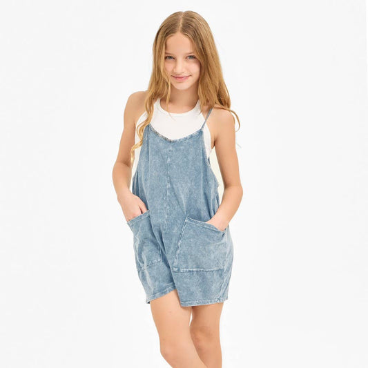 Two Pocket Mineral Wash Overall Romper / Onesieu