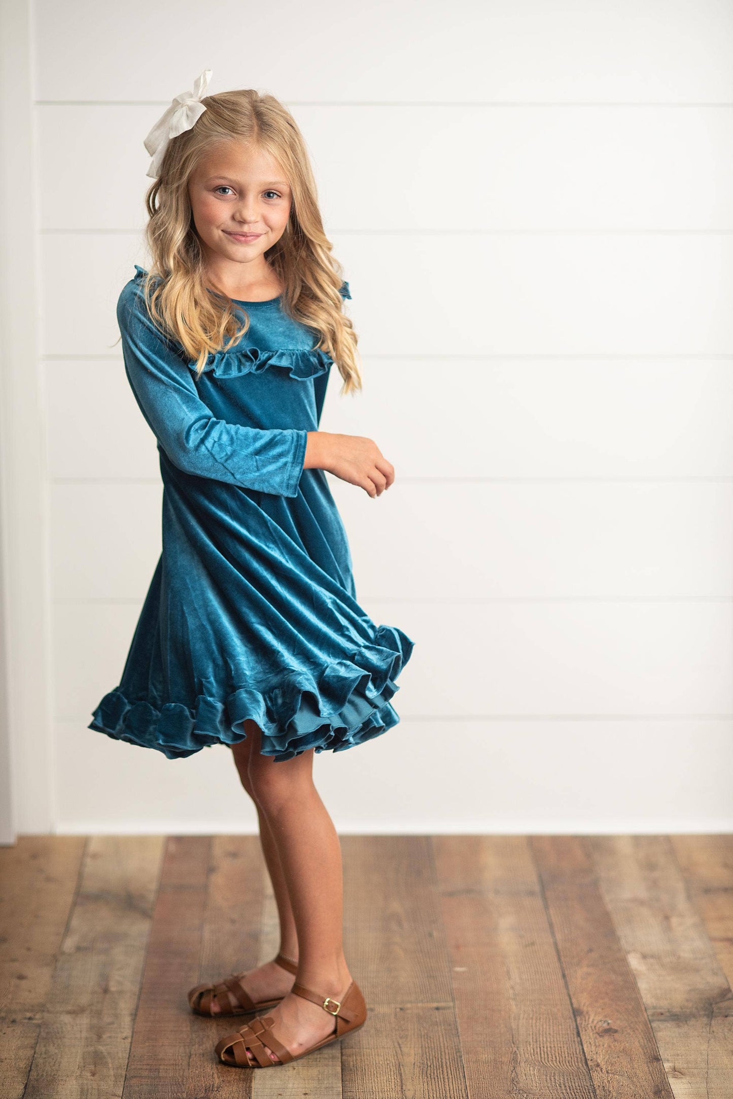 Kids Velvet Teal Ruffle Fancy Winter Christmas Holiday Dress