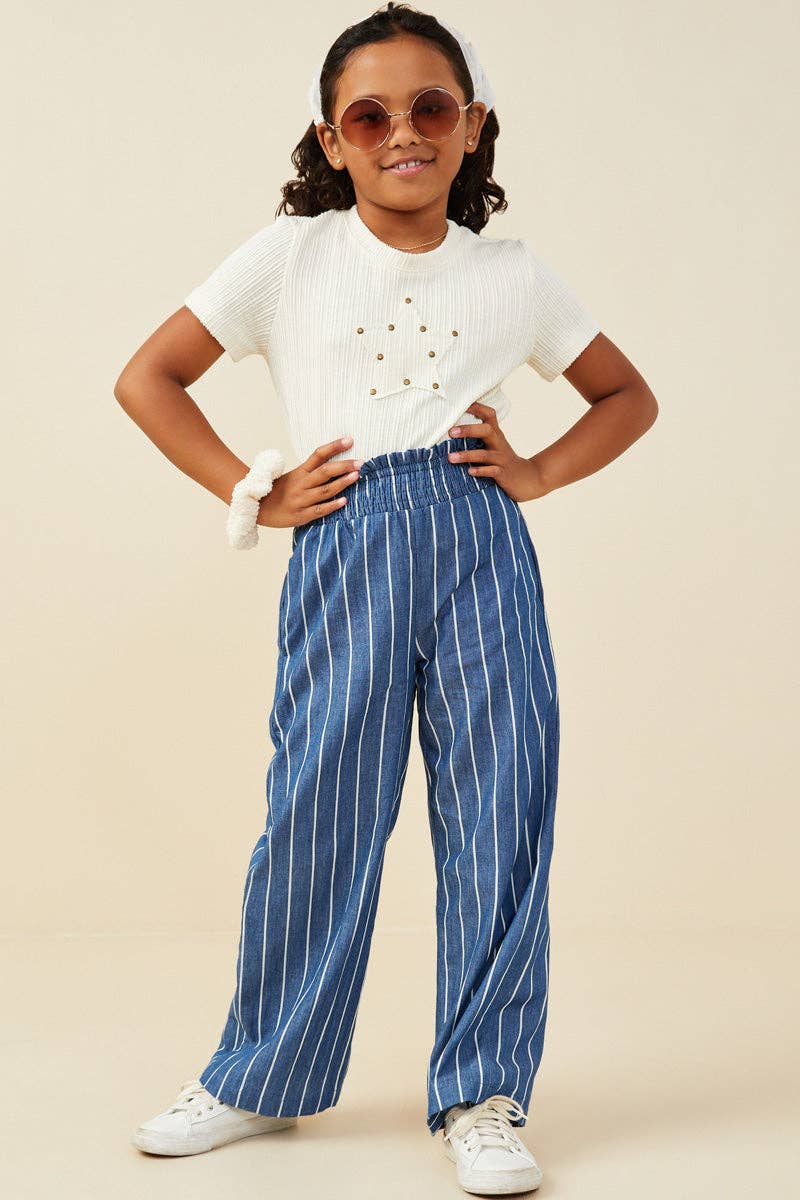Girls Smocked Waist Pinstripe Wideleg Chambray Pants