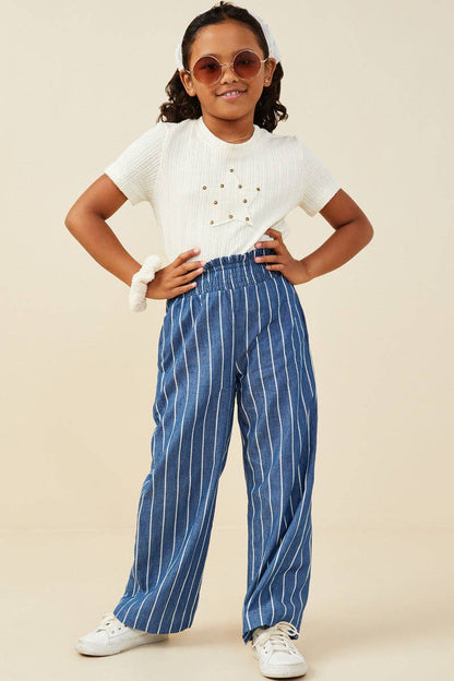 Girls Smocked Waist Pinstripe Wideleg Chambray Pants