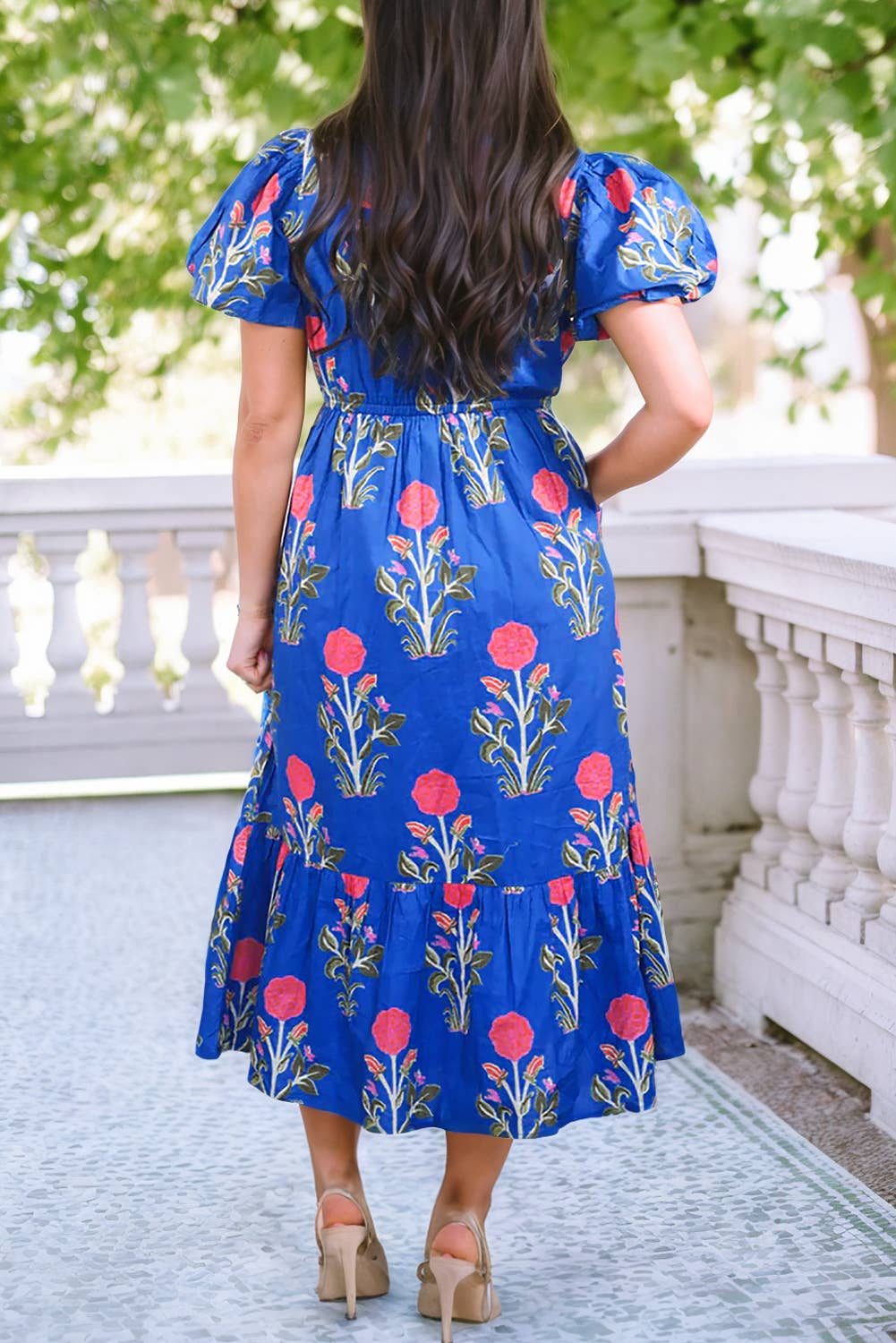 LDC Floral Puff Short Sleeve V Neck High Waist Maxi Dress