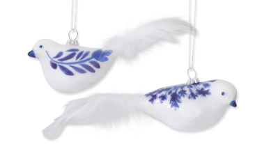 Assorted White & Blue Glass Bird Ornaments w/ Feather Tails