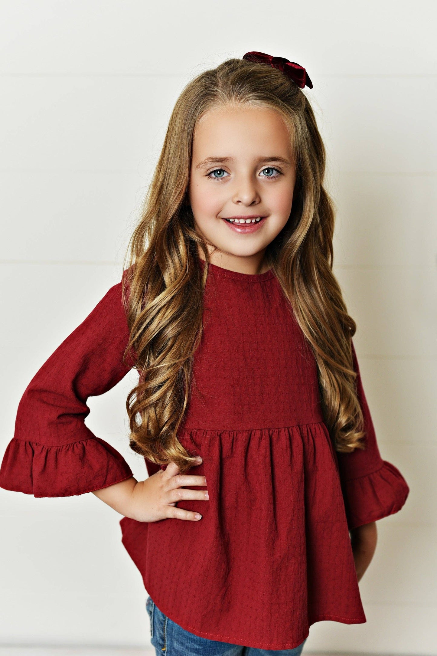 Kids Red Plum Ruffle Long Sleeve Winter Shirt With Buttons