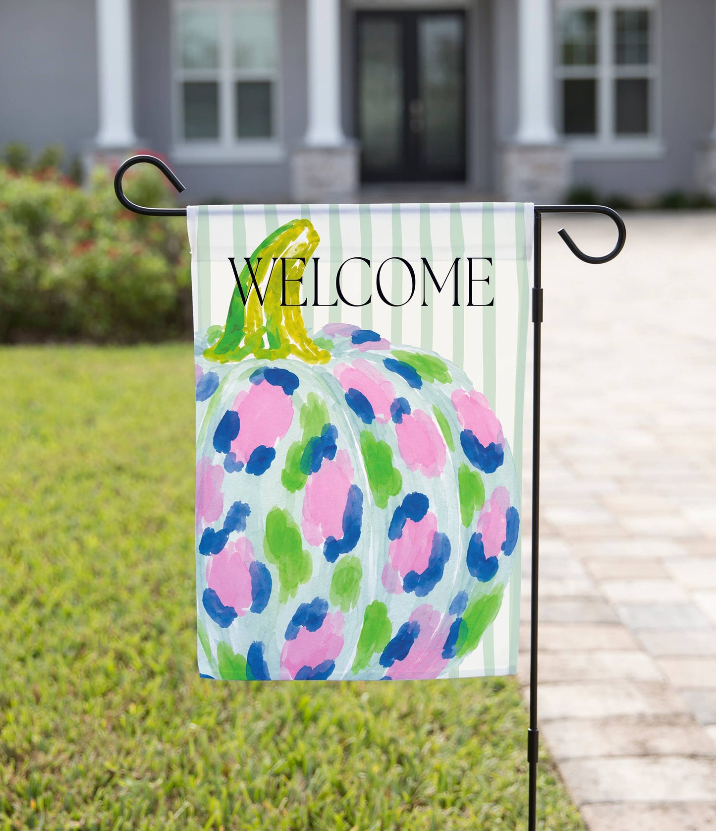 Fall Garden Flag - Pink and Blue Leopard Spots Pumpkin