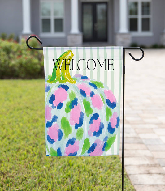 Fall Garden Flag - Pink and Blue Leopard Spots Pumpkin