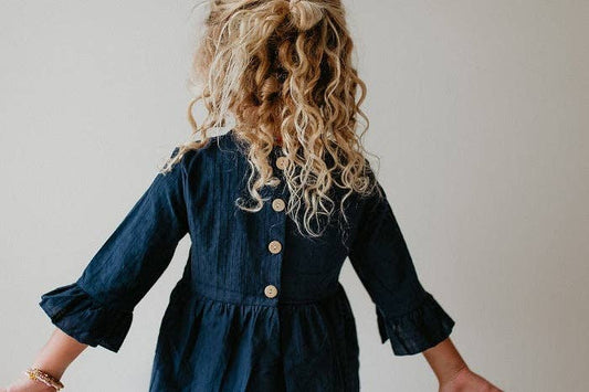 Kids Navy Blue Ruffle Long Sleeve Shirt With Buttons