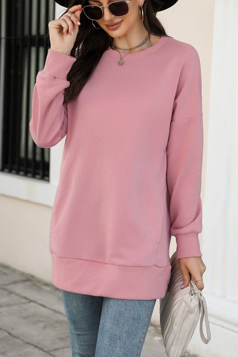 WOMEN CREW NECK LONG LENGTH PULLOVER TOP_CWTTL0955