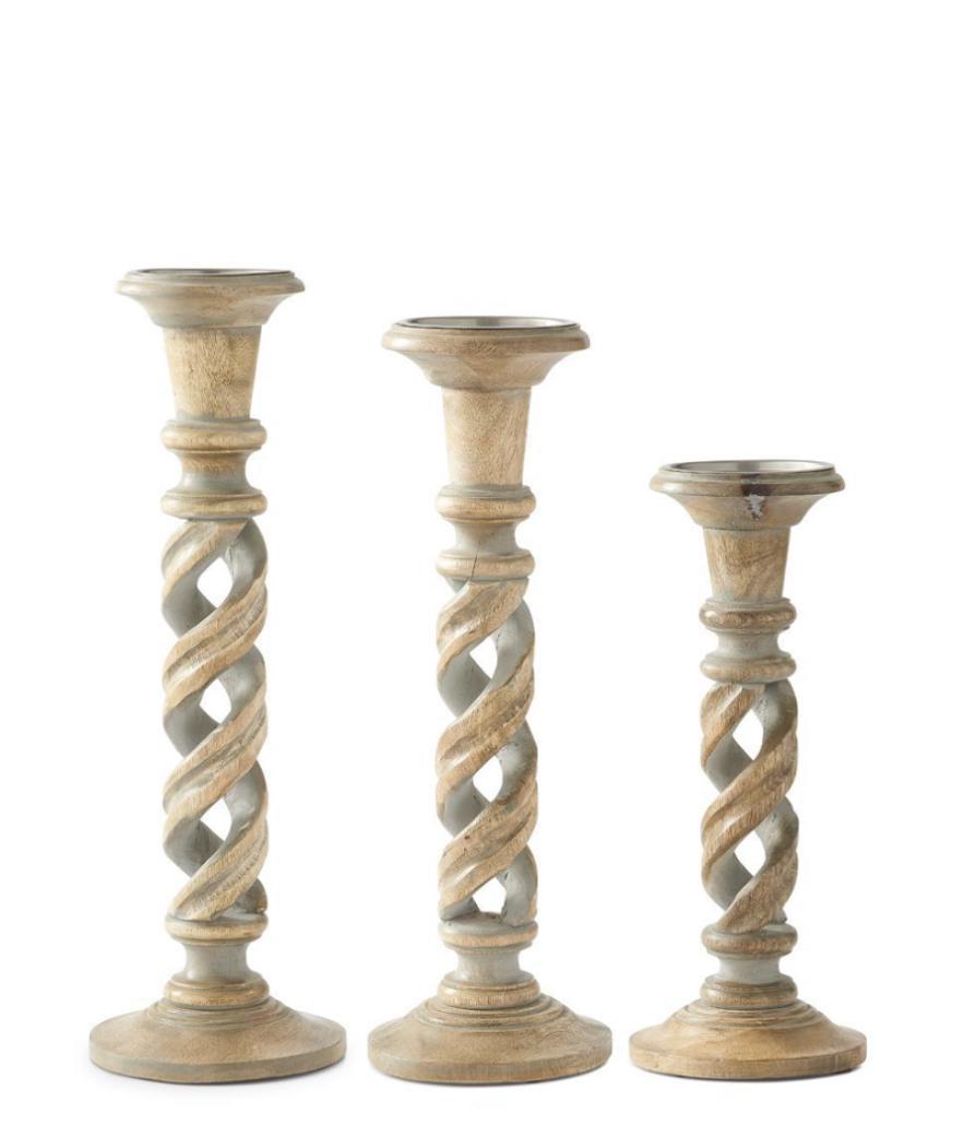 GRAY WASHED WOOD SPIRAL CUTOUT CANDLEHOLDERS