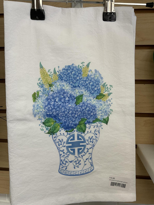 Chinoiserie hydrangea ginger jar tea towel