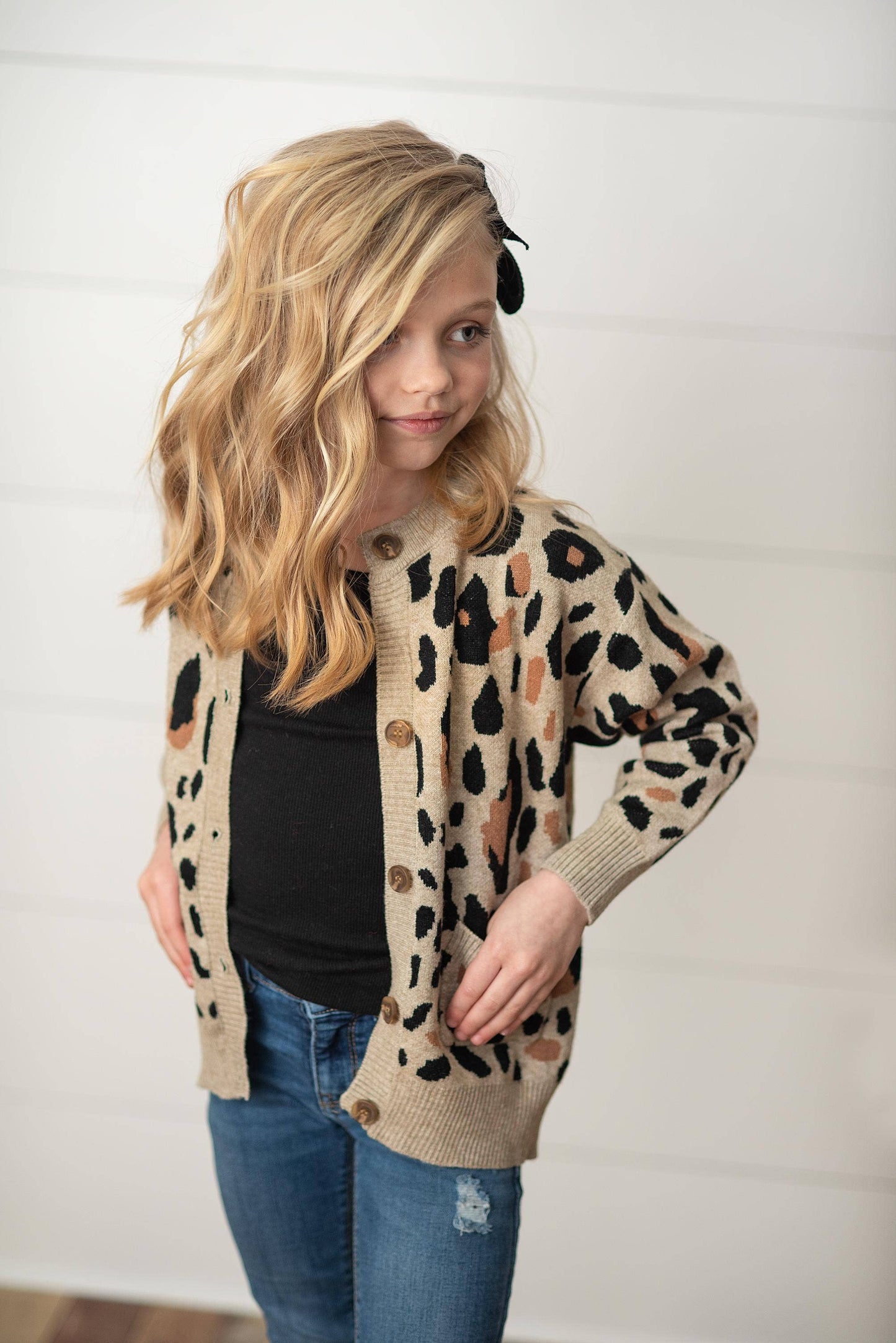 Kids Leopard Button Pocket Cardigan Fall Winter Sweater