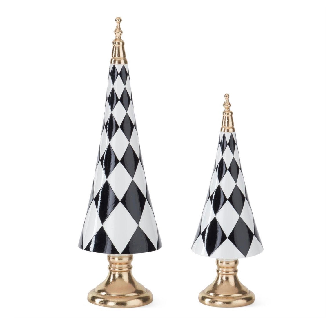 Black & White Harlequin Check Cone Trees on Gold Bases