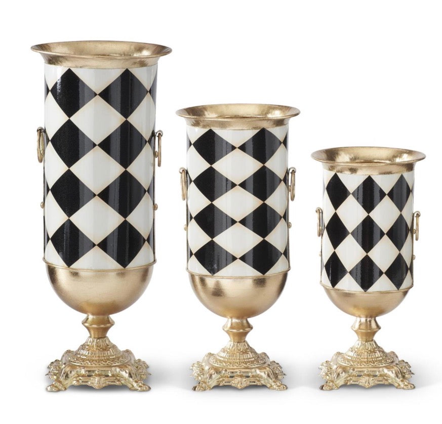 Black & White w/Gold Harlequin Check Metal Urns
