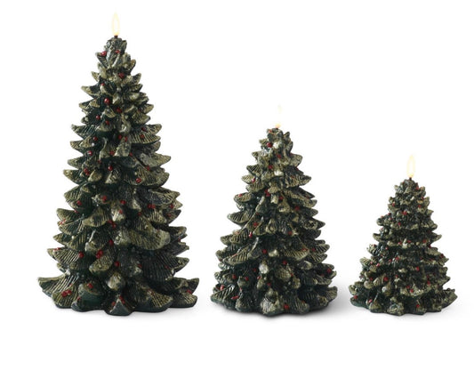 GOLD GLITTERED GREEN RESIN LED CHRISTMAS TREES W/RED ORNAMENT
