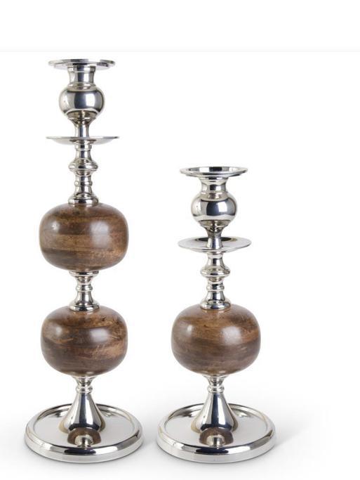 Wood and polished silver candleholders