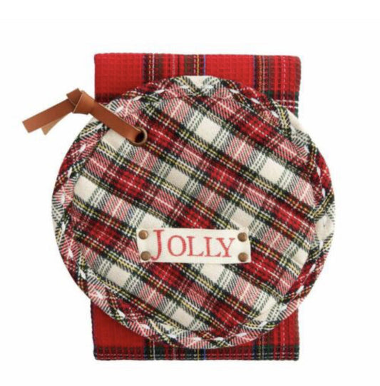 White tartan pot holder w towel