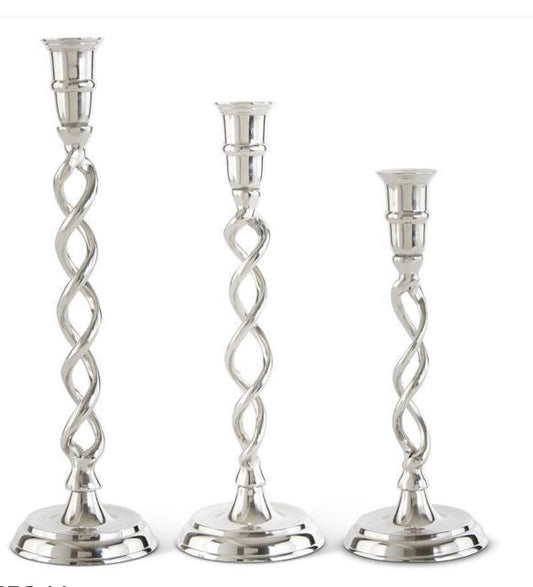 Silver metal twisted taper candle sticks